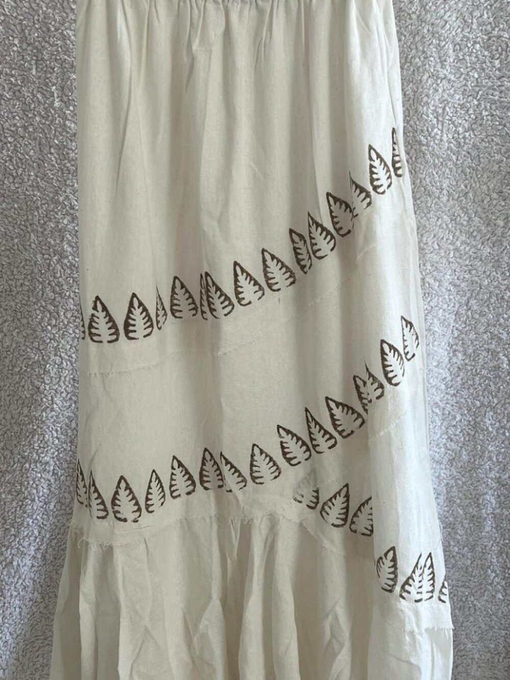 Thearah White Organic Cotton Leaf Print Maxi Skirt, Diagonal Panels